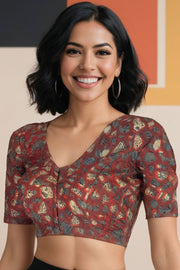 Marron Hand Block Jahota Printed Cotton Blouse 10074988