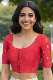 Red Slub Cotton Embroidered Blouse 10071394