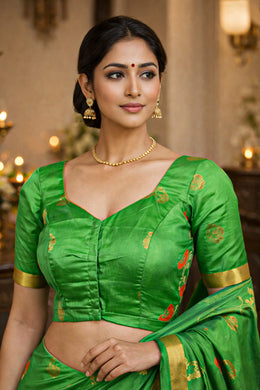 Clover Field Green Kanjivaram Soft Silk Blouse With Paisley Motifs 10076607