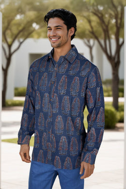 Blue Full Sleeve Ajrakh Printed Cotton Mens Shirt 10071163