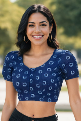 Blue Tribal Motif Indigo Hand Block Print Cotton Blouse 10074565