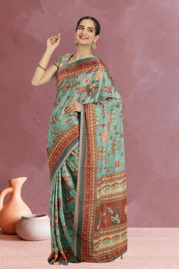 Blue Kalamkari Printed Malai Cotton Saree 10074677