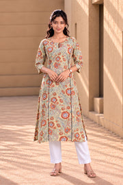 Mint Green Hand Block Printed Cotton Kurta 10077682