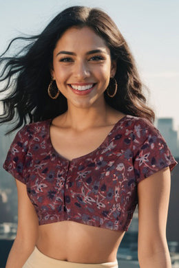 Brown Hand Block Jahota Printed Cotton Blouse 10074993