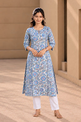 Blue Hand Block Printed Cotton Kurta  10077680