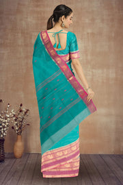Blue Handloom Chettinad Cotton Saree With Peacock Border 10075912