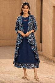 Blue Hand Embroidered Cotton Dress with Jacket 10077640