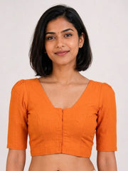 Orange Handcrafted Slub Cotton Solid Style Blouse 10073189