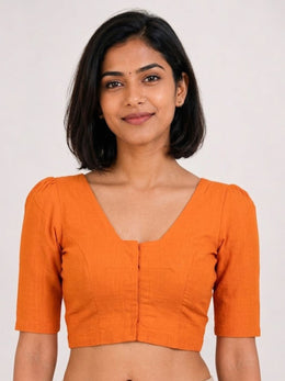 Orange Handcrafted Slub Cotton Solid Style Blouse 10073189