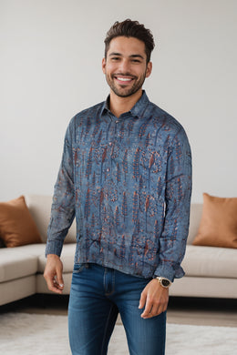 Blue Full Sleeve Jahota Print Modal Silk Mens Shirt 10074378