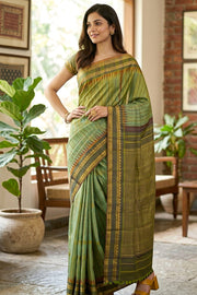 Olive Green Gadwal Kuttu Silk Saree With Temple Border 10077062