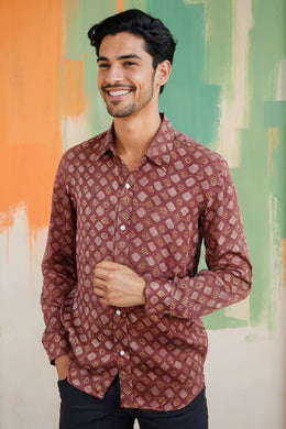 Brown Full Sleeve Vanaspathi Print Modal Silk Mens Shirt 10074066