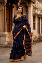 Ink Blue Handloom Chettinad Cotton Saree 10077333