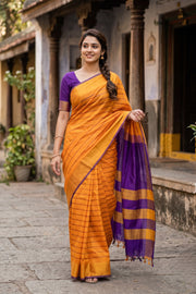 Pumpkin Orange Handloom Kanchi Silk Cotton Saree 10078091