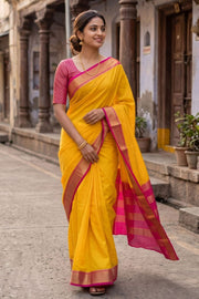 Yellow Mysore Crepe Silk Saree With Pink Border 10043564