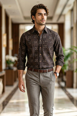 Brown Full Sleeve Ajrakh Printed Cotton Mens Shirt 10076862