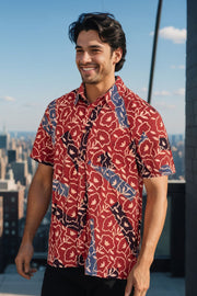 Red Half Sleeve Ajrakh Printed Cotton Mens Shirt 10072907