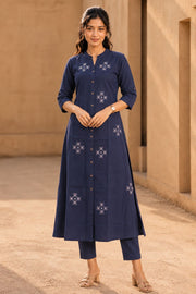 Blue Hand Embroidered Cotton Kurta 10077669
