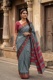 Grey Vegan Silk Kanjivaram Saree With Temple Border 10077948