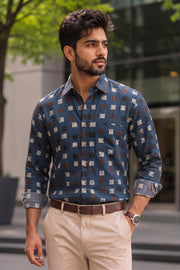 Blue Full Sleeve Ajrakh Printed Cotton Mens Shirt 10076857