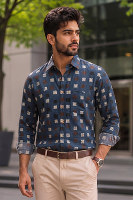 Blue Full Sleeve Ajrakh Printed Cotton Mens Shirt 10076857