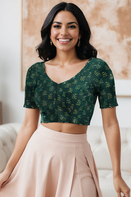 Green Floral Motif Indigo Hand Block Print Cotton Blouse 10074581