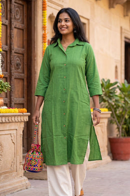 Green Handcrafted Solid Style Oxford Cotton Kurta 10077443