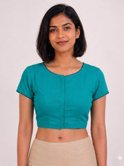 Blue Handcrafted Slub Cotton Solid Style Blouse 10073180