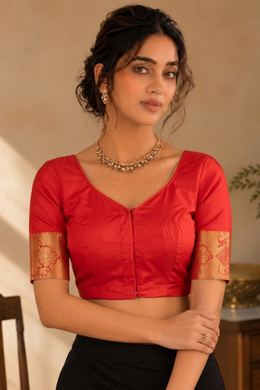 Sunset Scarlet Red Kanjivaram Silk Blouse With Floral Zari Border 10076645