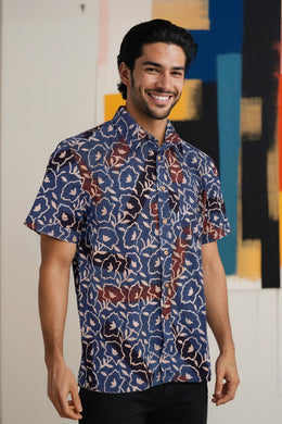 Blue Half Sleeve Ajrakh Printed Cotton Mens Shirt 10072912