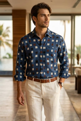 Blue Full Sleeve Ajrakh Printed Cotton Mens Shirt 10076857