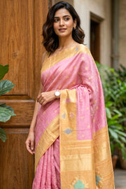 Kanjivaram Pink Vegan Silk Saree With Jute Style Finish 10075595