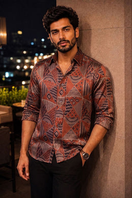 Brown Full Sleeve Jahota Print Modal Silk Mens Shirt 10074379