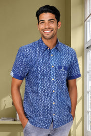 Indigo Handblock Print Pre-Washed Pure Cotton Shirt 10074405