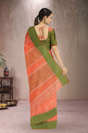 Orange Hand Block Printed Chanderi Saree 10036357