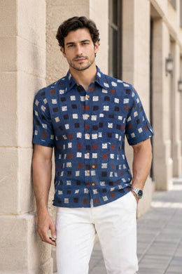 Blue Half Sleeve Ajrakh Printed Cotton Mens Shirt  10076826