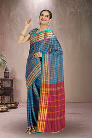 Blue Handloom Chettinad Cotton Saree Without Blouse 10072572