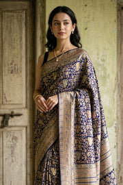 Navy Blue Kashmiri Printed Silk Saree 10076940