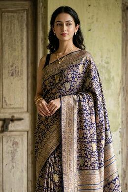 Navy Blue Kashmiri Printed Silk Saree 10076940
