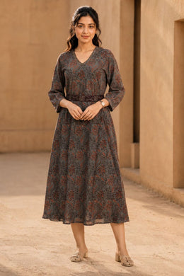 Indigo Blue Hand Block Printed Cotton Dress 10077636