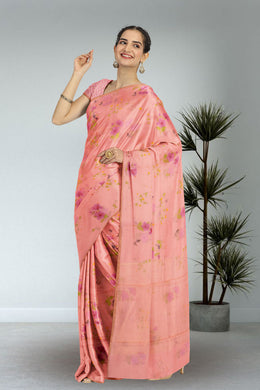 Peach Chanderi Printed Silk Cotton Saree 10075370