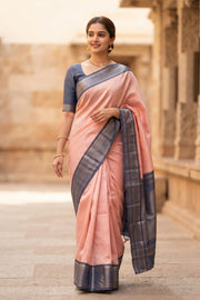 Pink Korvai Kanjivaram Pure Silk Saree With Silver Zari Border 10077901