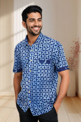 Indigo Handblock Print Pre-Washed Pure Cotton Shirt 10074400