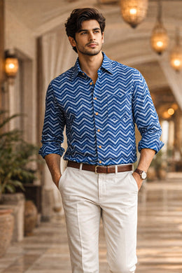 Indigo Handblock Print Pre-Washed Pure Cotton Shirt 10076873