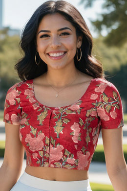 Red Handblock Printed Cotton Blouse 10075223