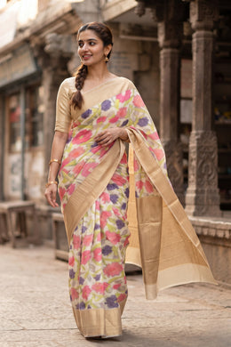 Kanjivaram Vegan Silk Saree with Multicolour Floral Prints and Zari Border 10075578
