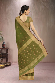 Green Hand Block Printed Chanderi Saree 10030043
