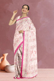 Cream Kalamkari Kantha Printed Malai Cotton Saree 10074906