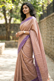 French Beige Kanjivaram Vegan Silk Saree with Block Design 10075559
