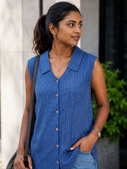 Blue Indigo Handblock Printed Women Sleeveless Shirt 10077191